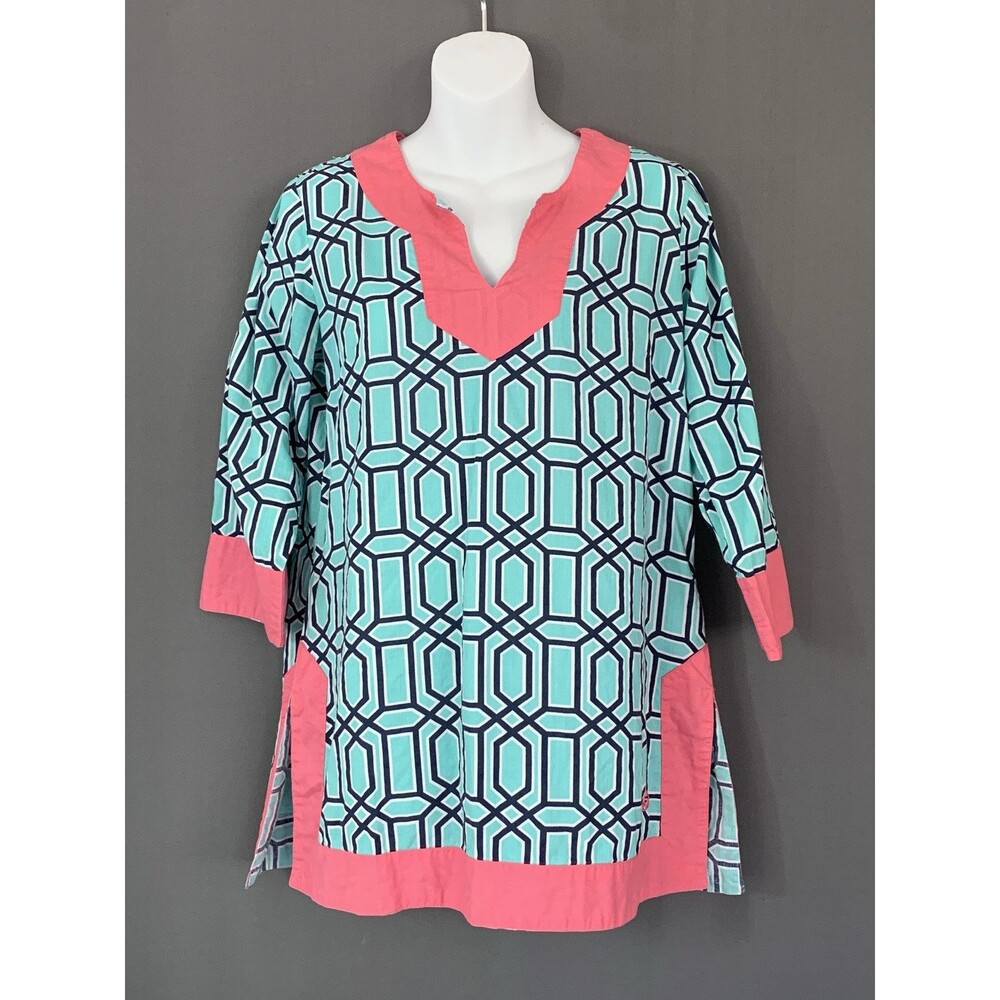 Simply Southern Cotton Tunic Top Swim Cover-up Medium Aqua Coral Lattice Coastal